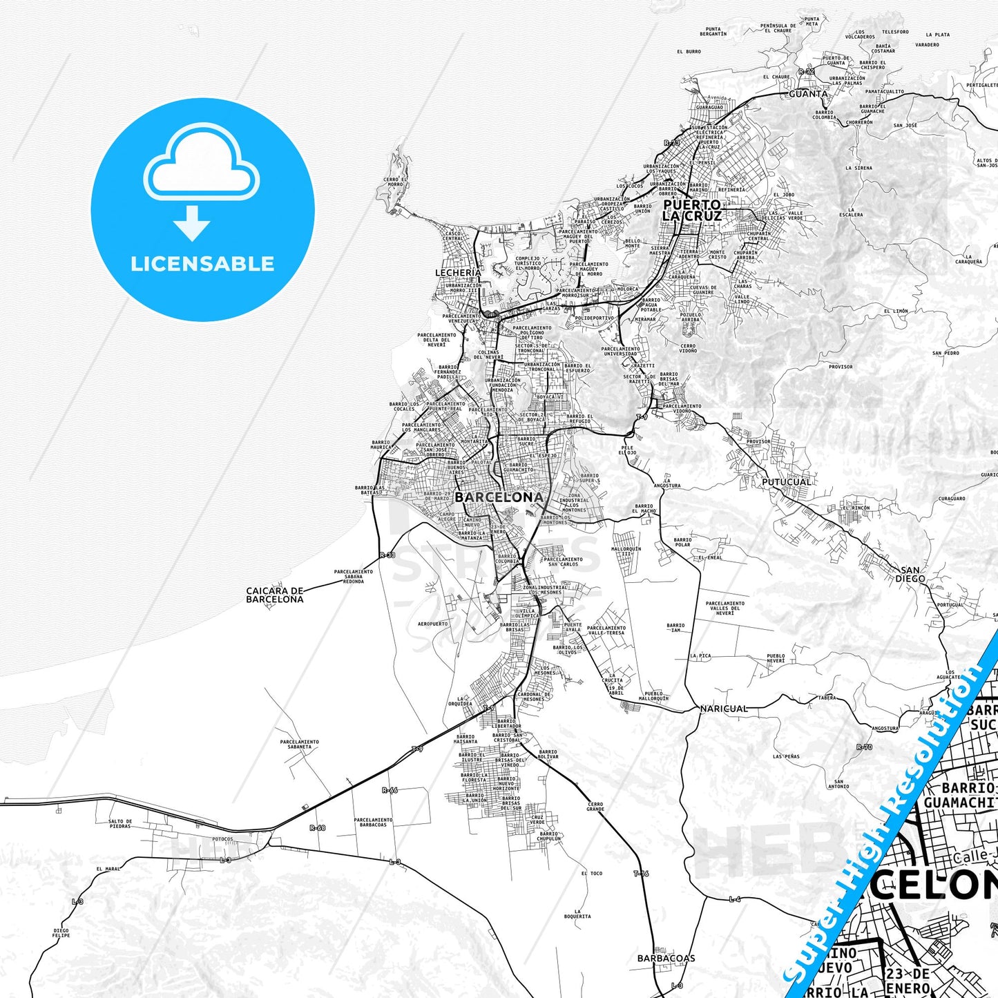 Barcelona, Venezuela light map with streetnames, citynames and districts
