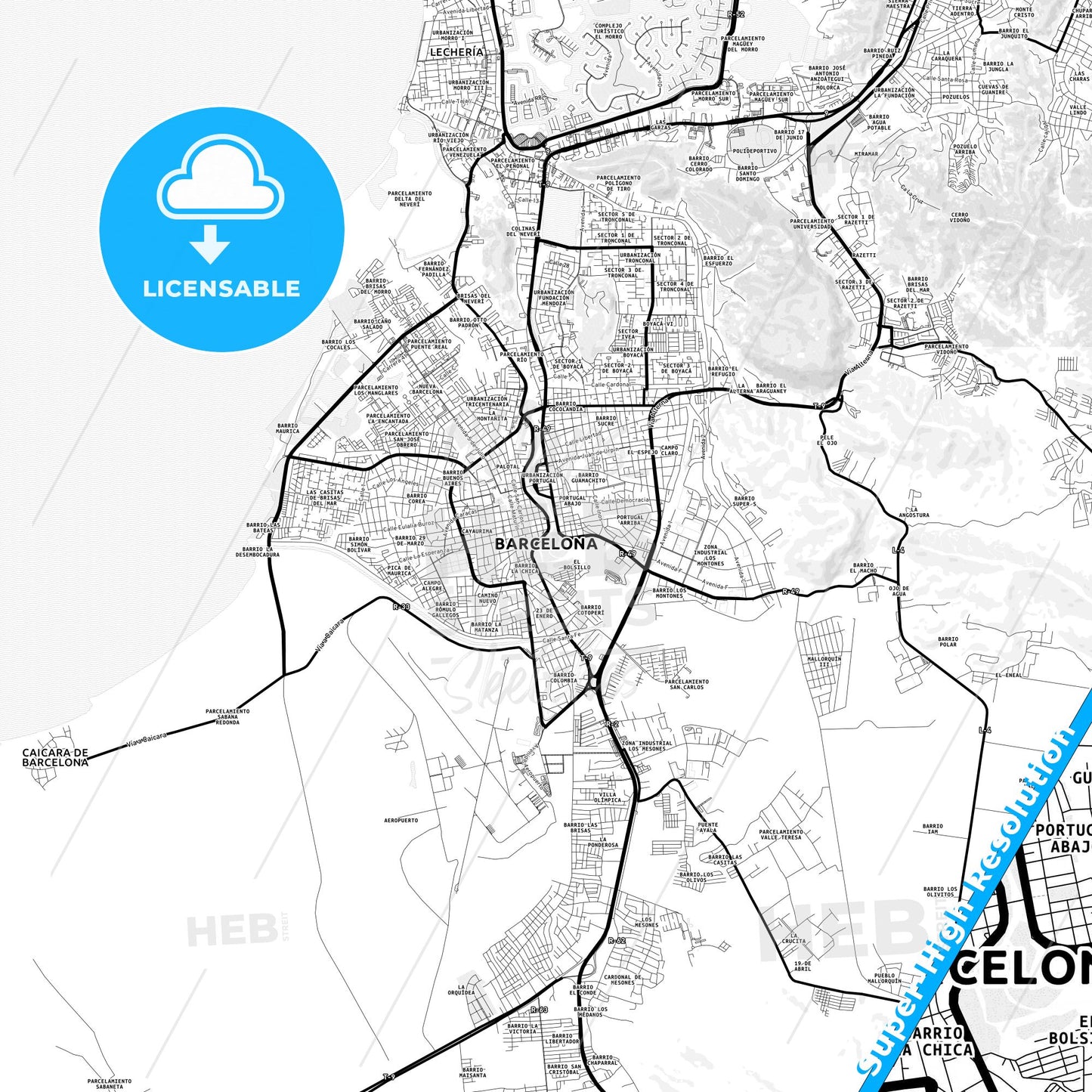 Barcelona, Venezuela Light Map with Street Names, City Names, and Districts