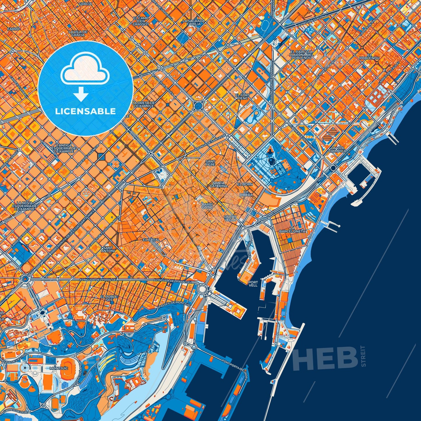 Colorful Barcelona Street Map with Labels and Buildings