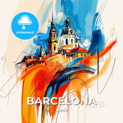 Vibrant Barcelona, Spain - A Painting Of A Building With Towers And A Colorful Background - Square format print template