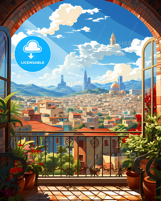 Vibrant Art Deco Cityscape Canvas - Barcelona Venezuela Skyline from a Balcony Perspective