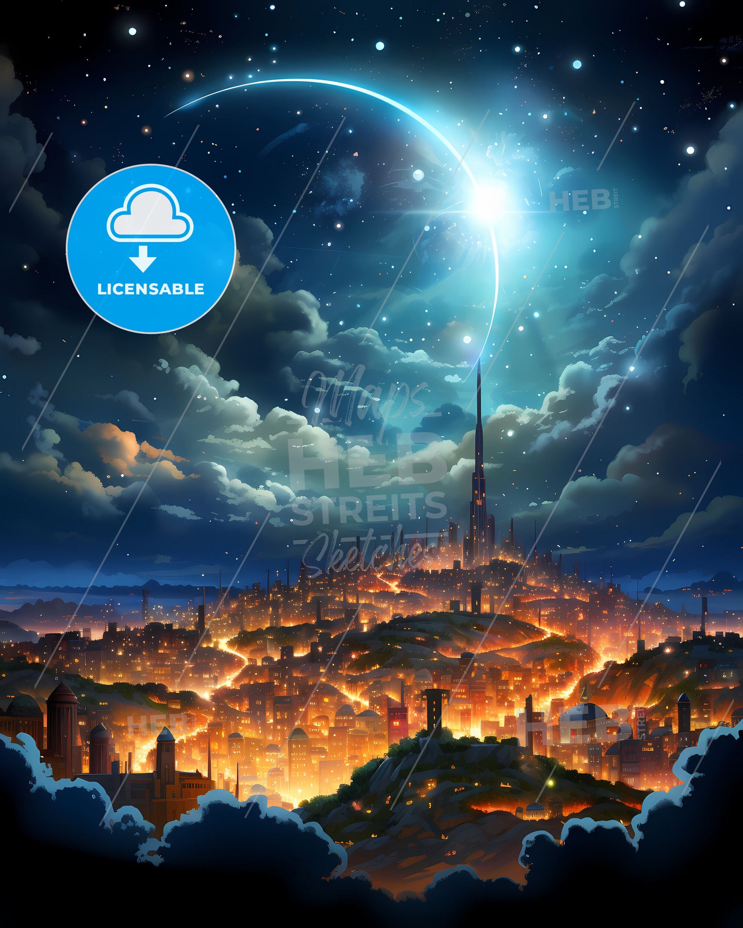 Barcelona Venezuela Cityscape Painting Urban Artwork Bright Sky Art