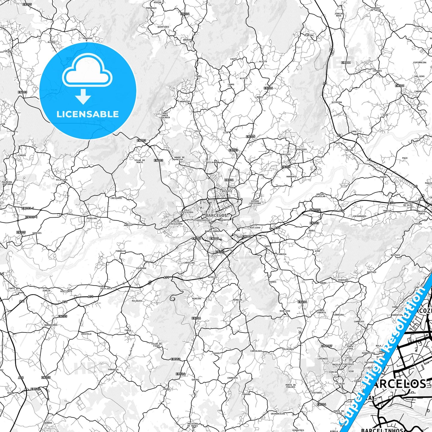 Barcelos, Portugal light map with streetnames, citynames and districts