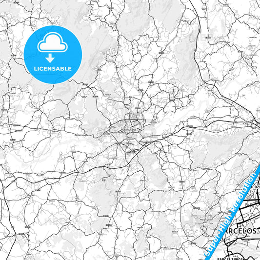 Barcelos, Portugal light map with streetnames, citynames and districts