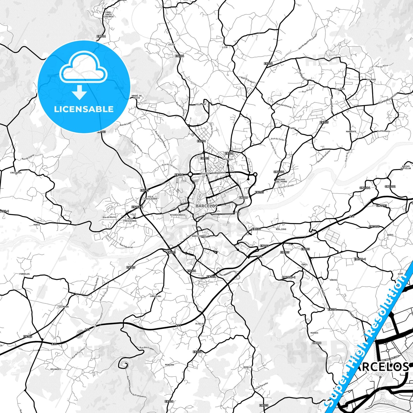 Barcelos, Portugal Light Map with Street Names, City Names, and Districts