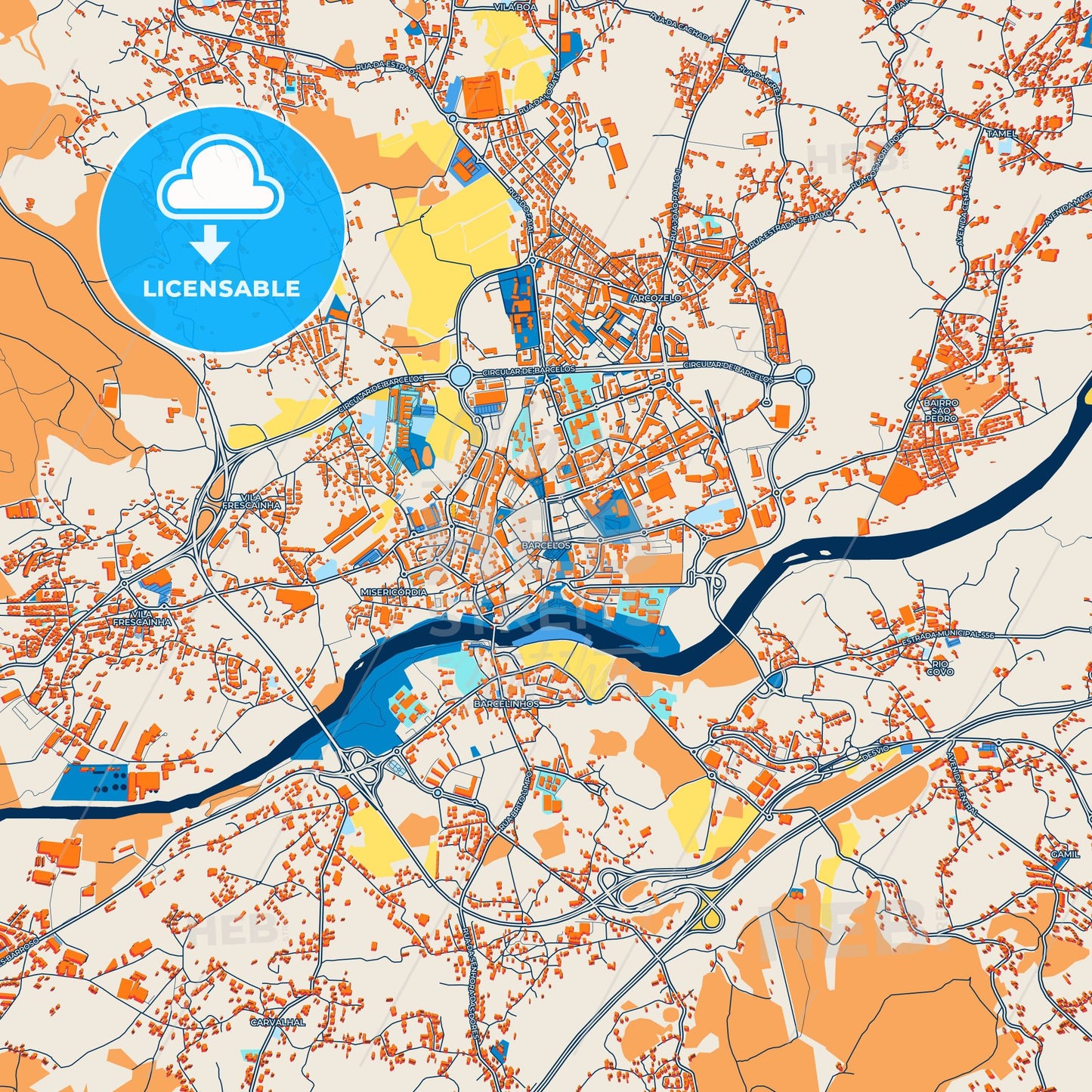 Colorful Barcelos Street Map with Labels and Buildings