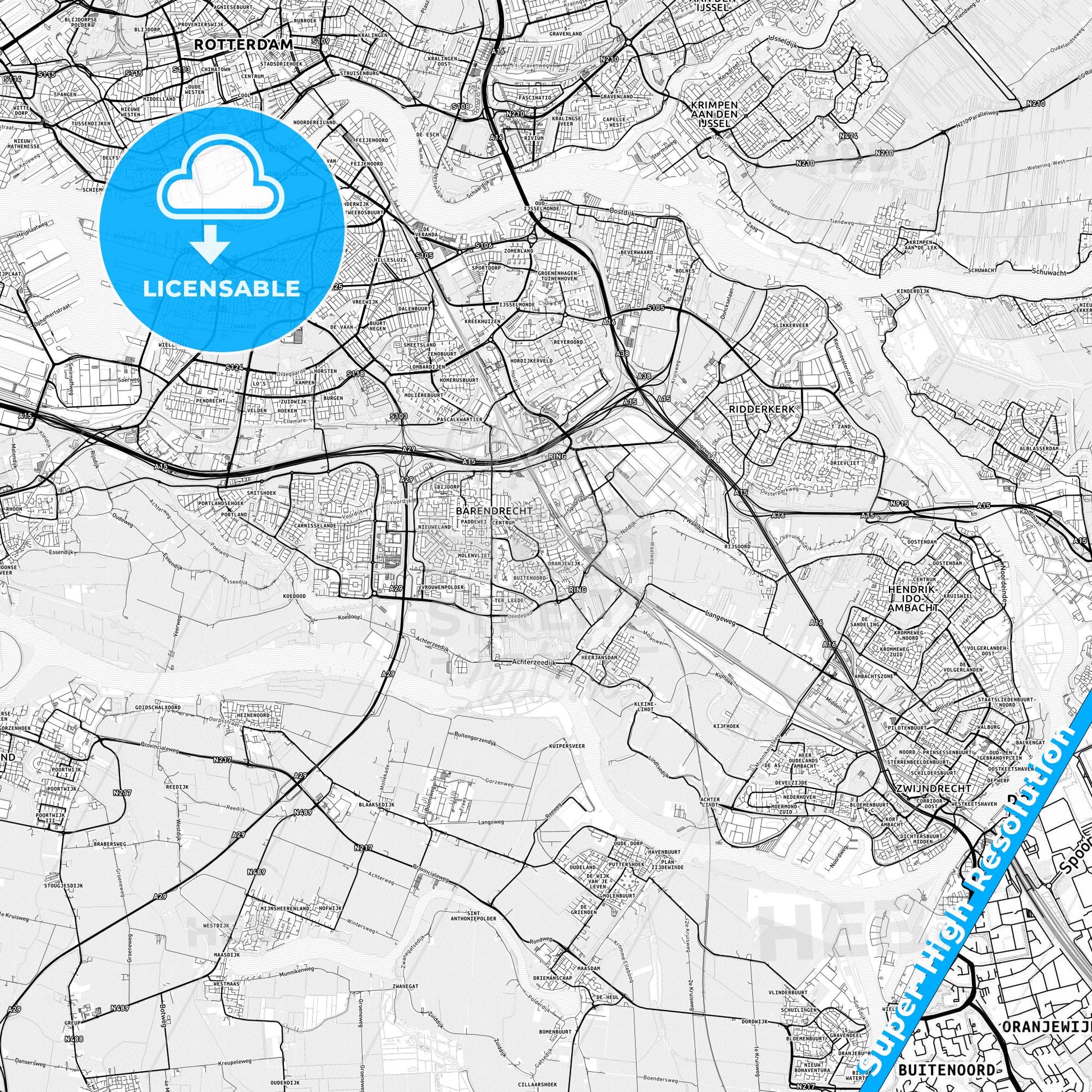 Barendrecht, Netherlands light map with streetnames, citynames and districts