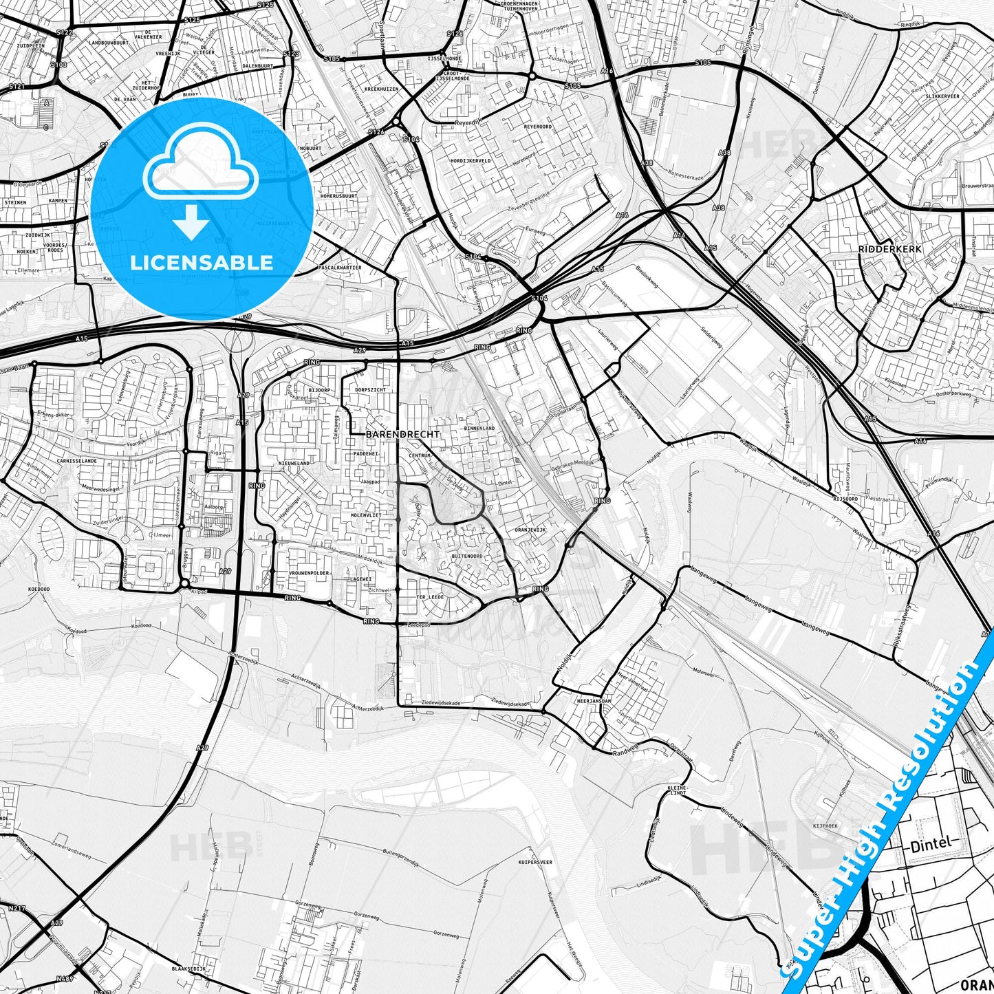 Barendrecht, Netherlands Light Map with Street Names, City Names, and Districts