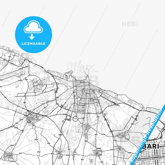 Bari, Italy light map with streetnames, citynames and districts