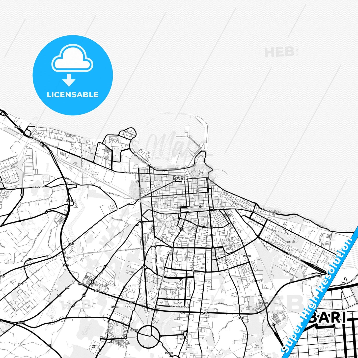 Bari, Italy Light Map with Street Names, City Names, and Districts