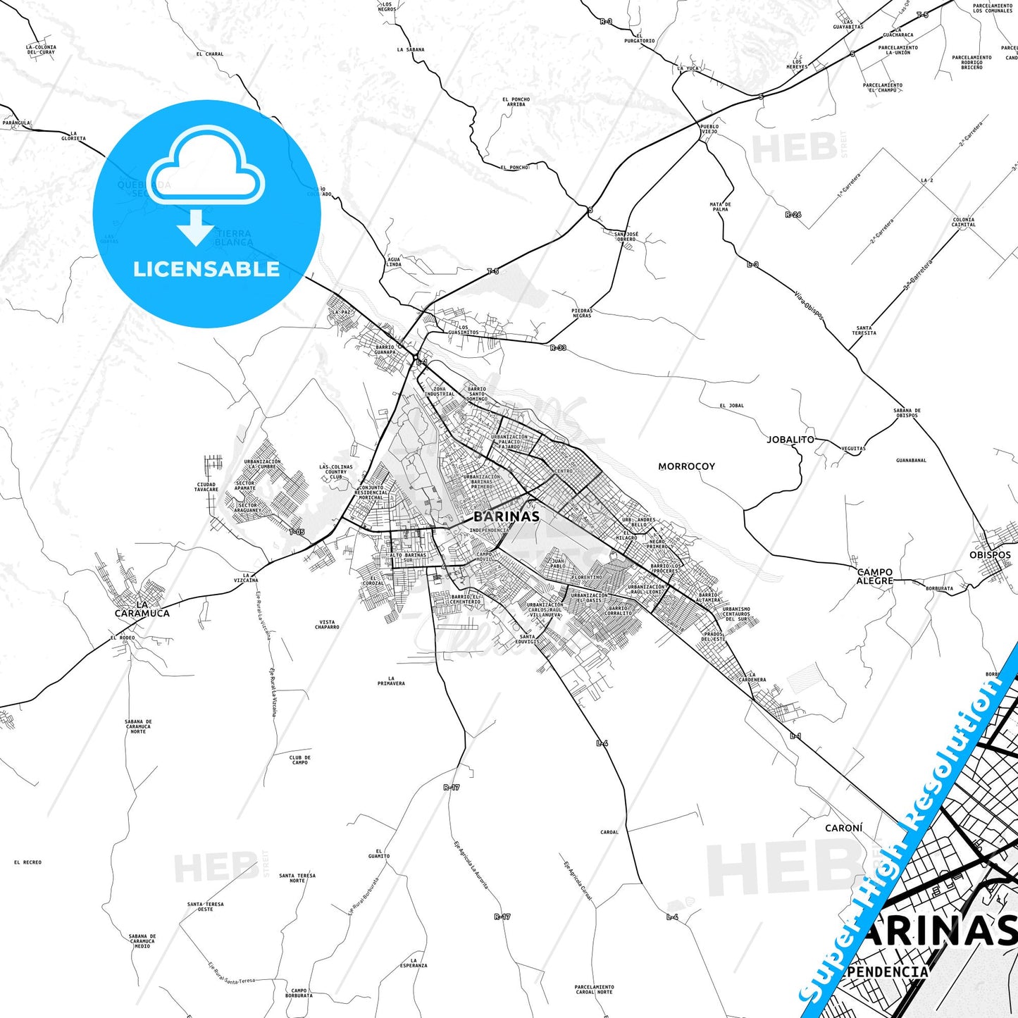Barinas, Venezuela light map with streetnames, citynames and districts