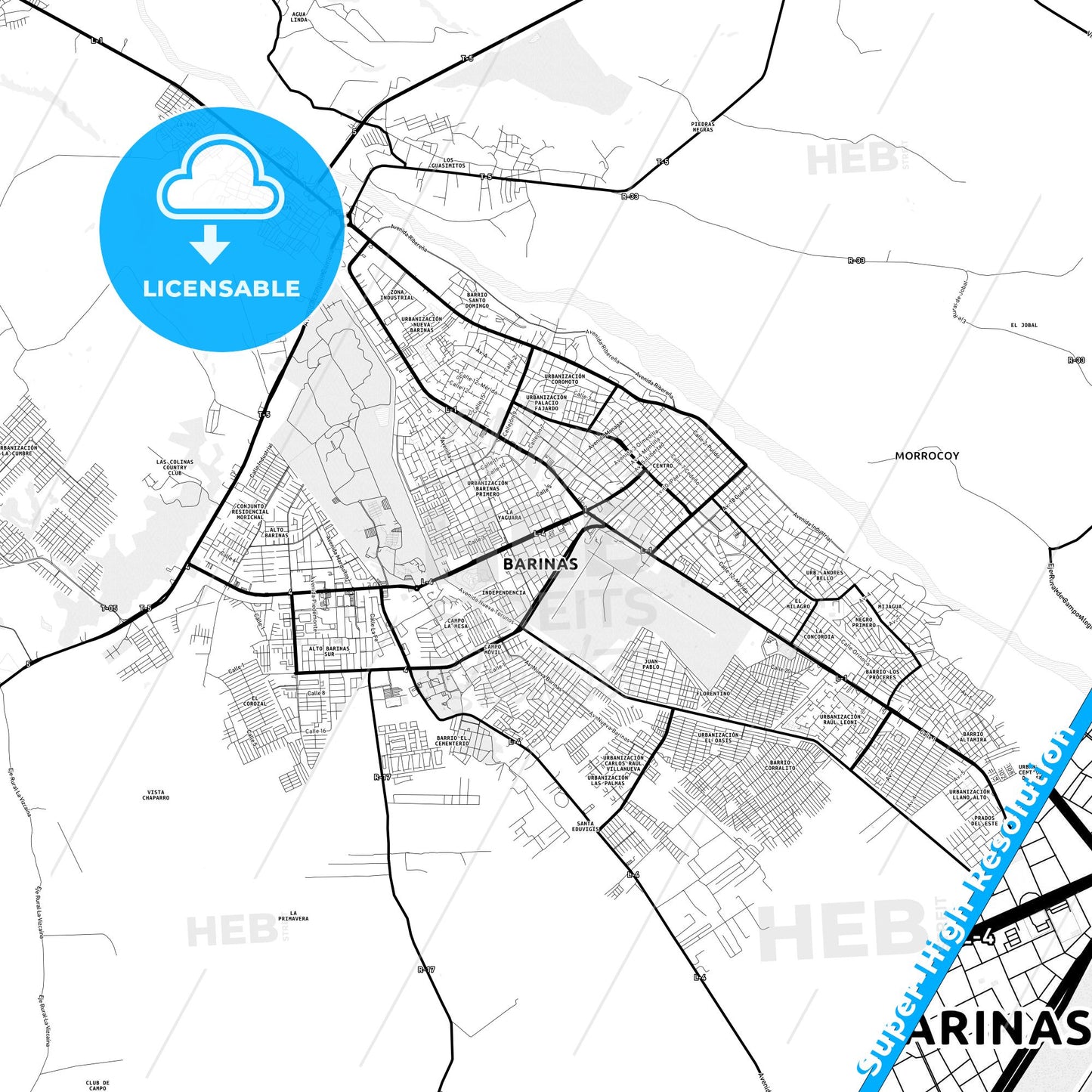 Barinas, Venezuela Light Map with Street Names, City Names, and Districts