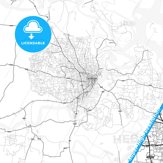 Barisal, Bangladesh light map with streetnames, citynames and districts
