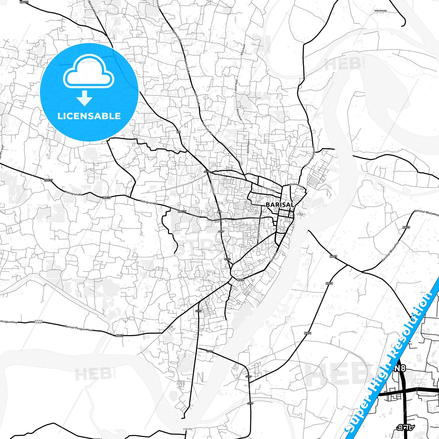 Barisal, Bangladesh Light Map with Street Names, City Names, and Districts