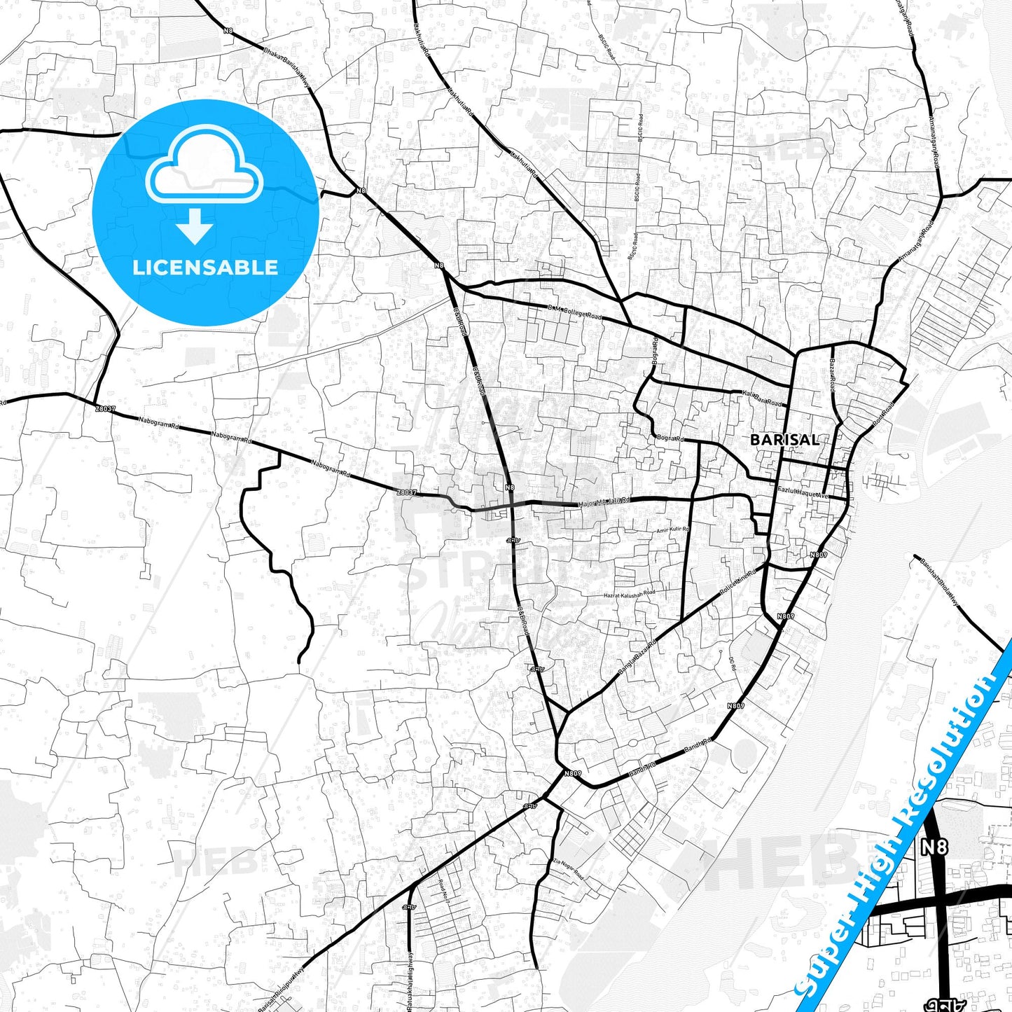 Barisal, Bangladesh Light Map with Street Names, City Names, and Districts