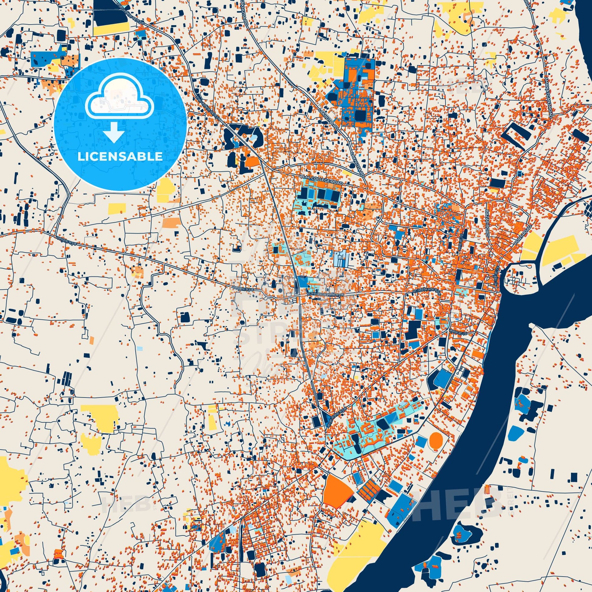 Colorful Barisal Street Map with Labels and Buildings
