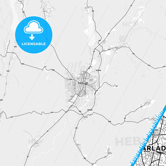 Bârlad, Romania light map with streetnames, citynames and districts