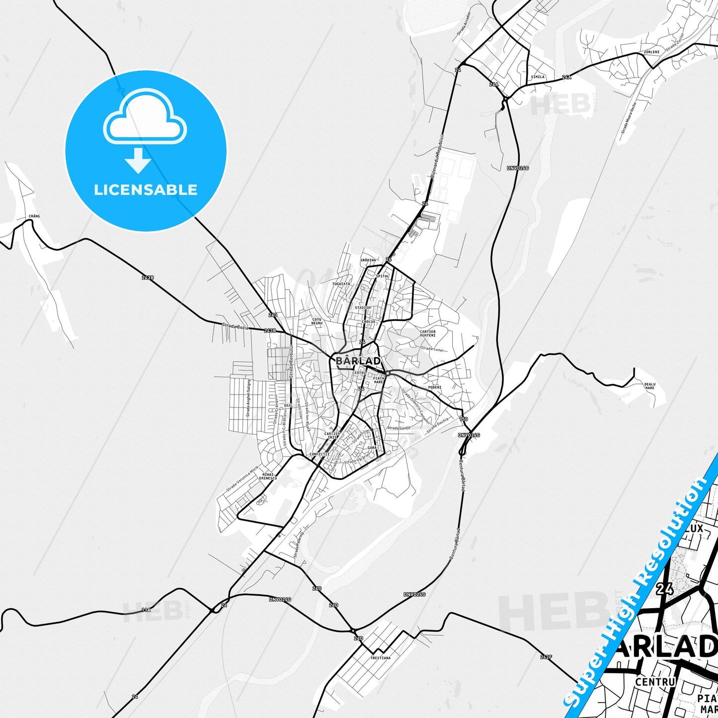 Bârlad, Romania Light Map with Street Names, City Names, and Districts