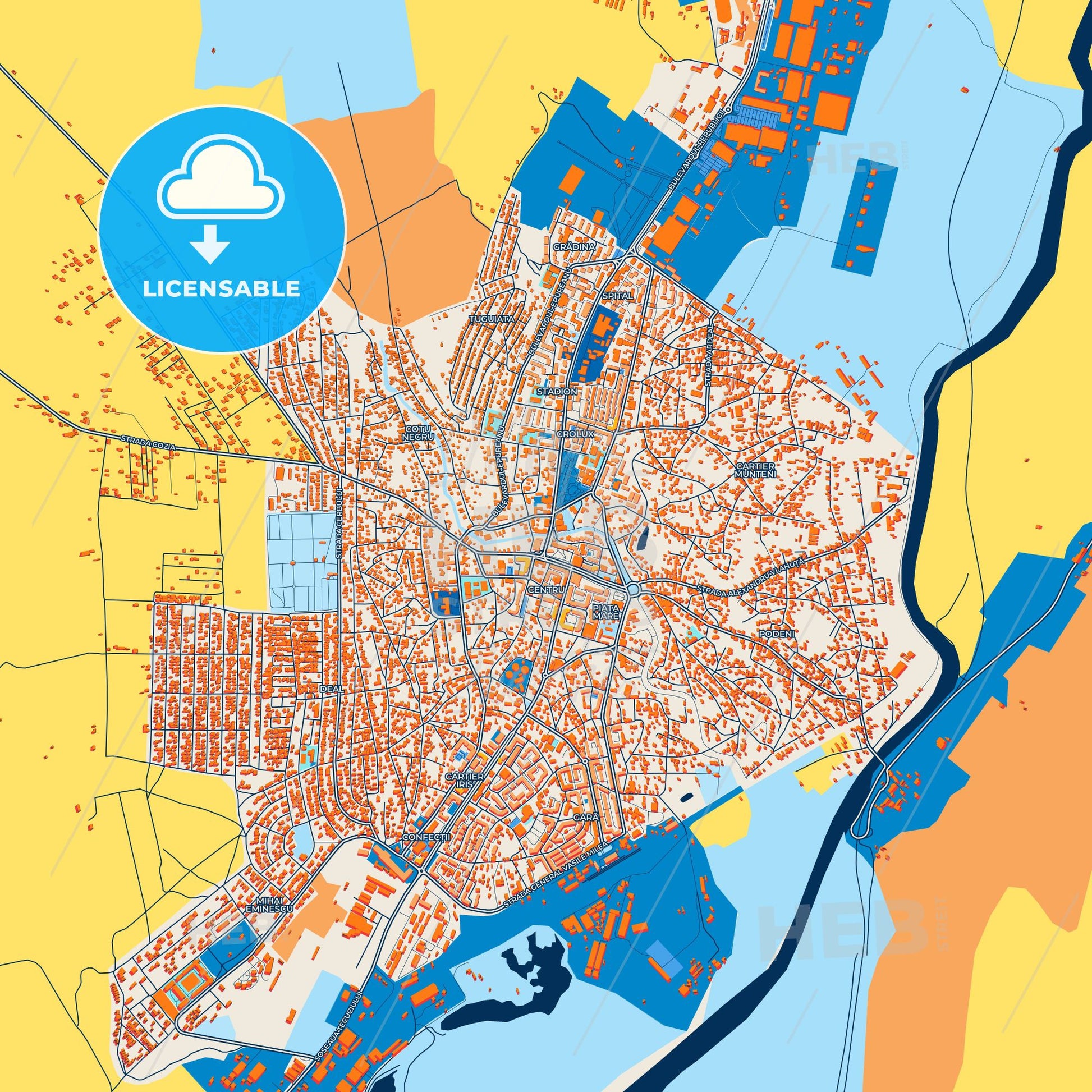 Colorful Bârlad Street Map with Labels and Buildings