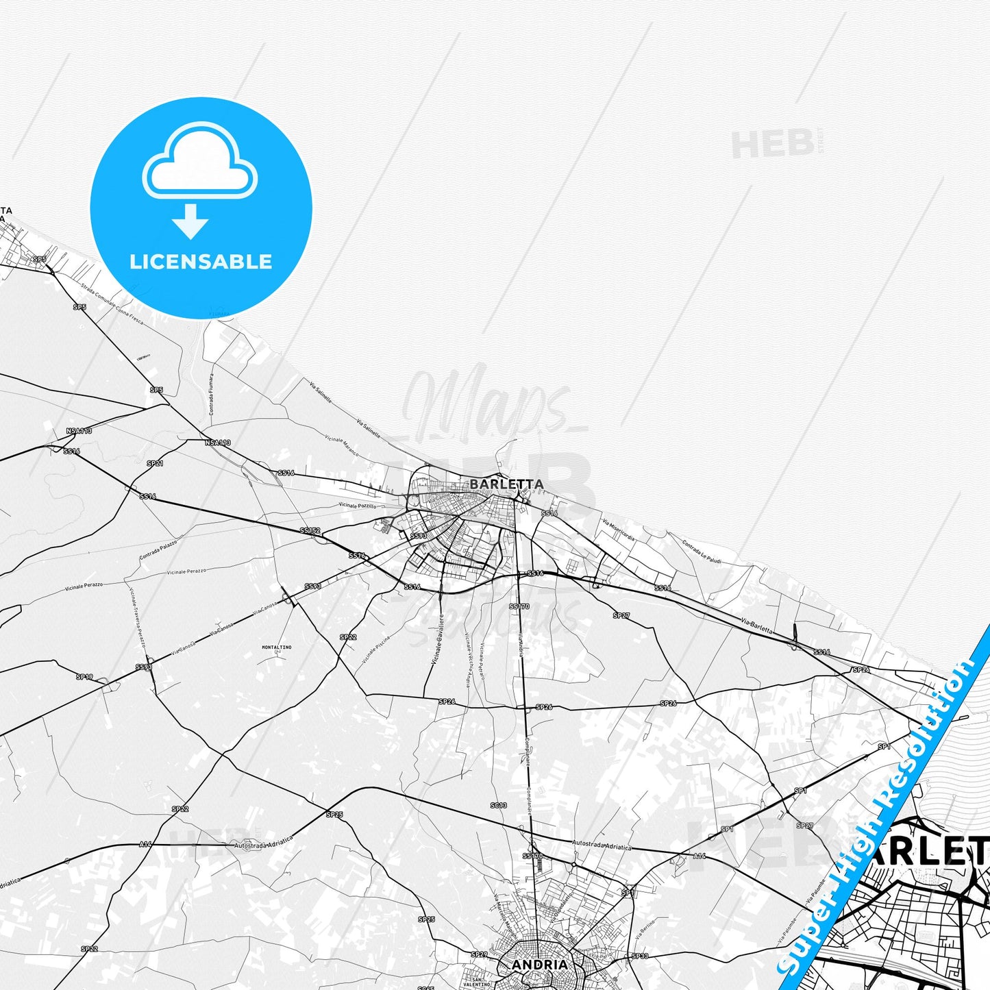 Barletta, Italy light map with streetnames, citynames and districts