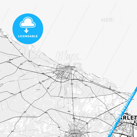 Barletta, Italy light map with streetnames, citynames and districts