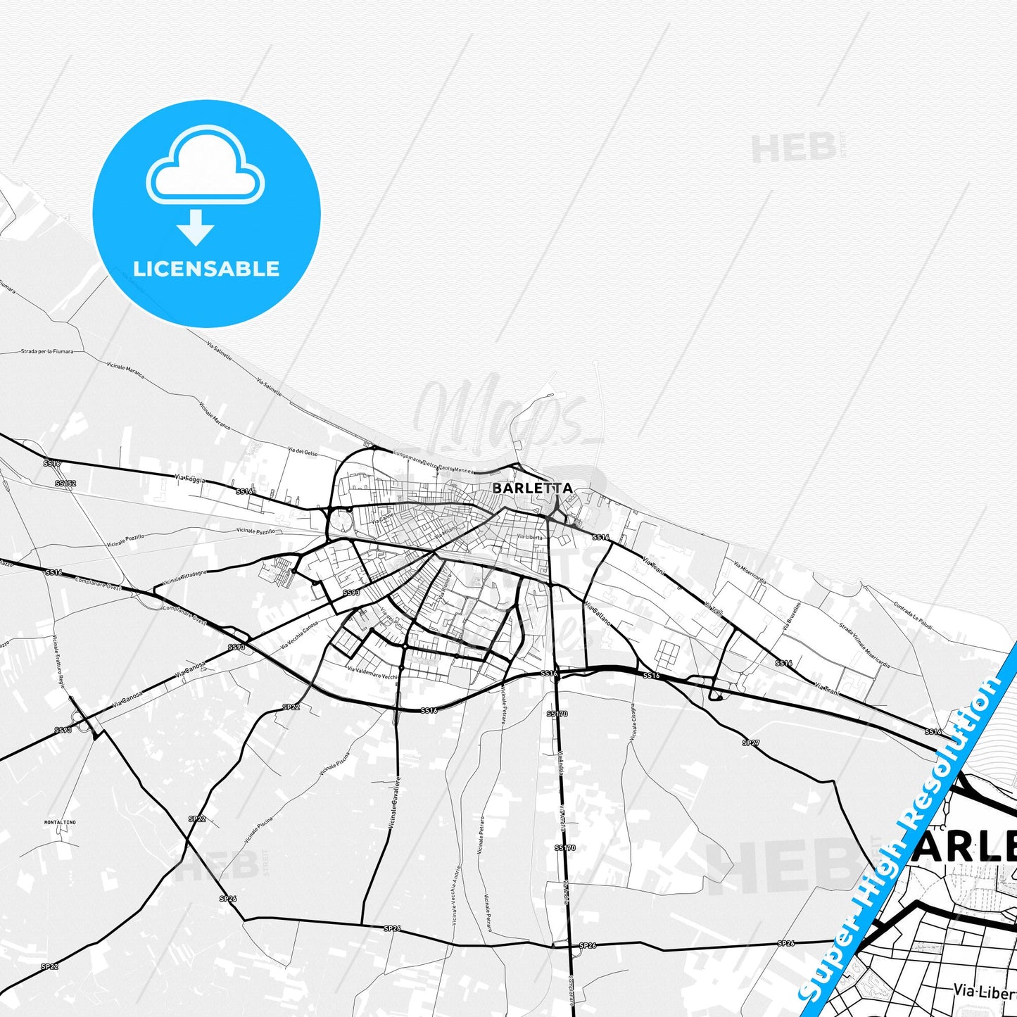 Barletta, Italy Light Map with Street Names, City Names, and Districts