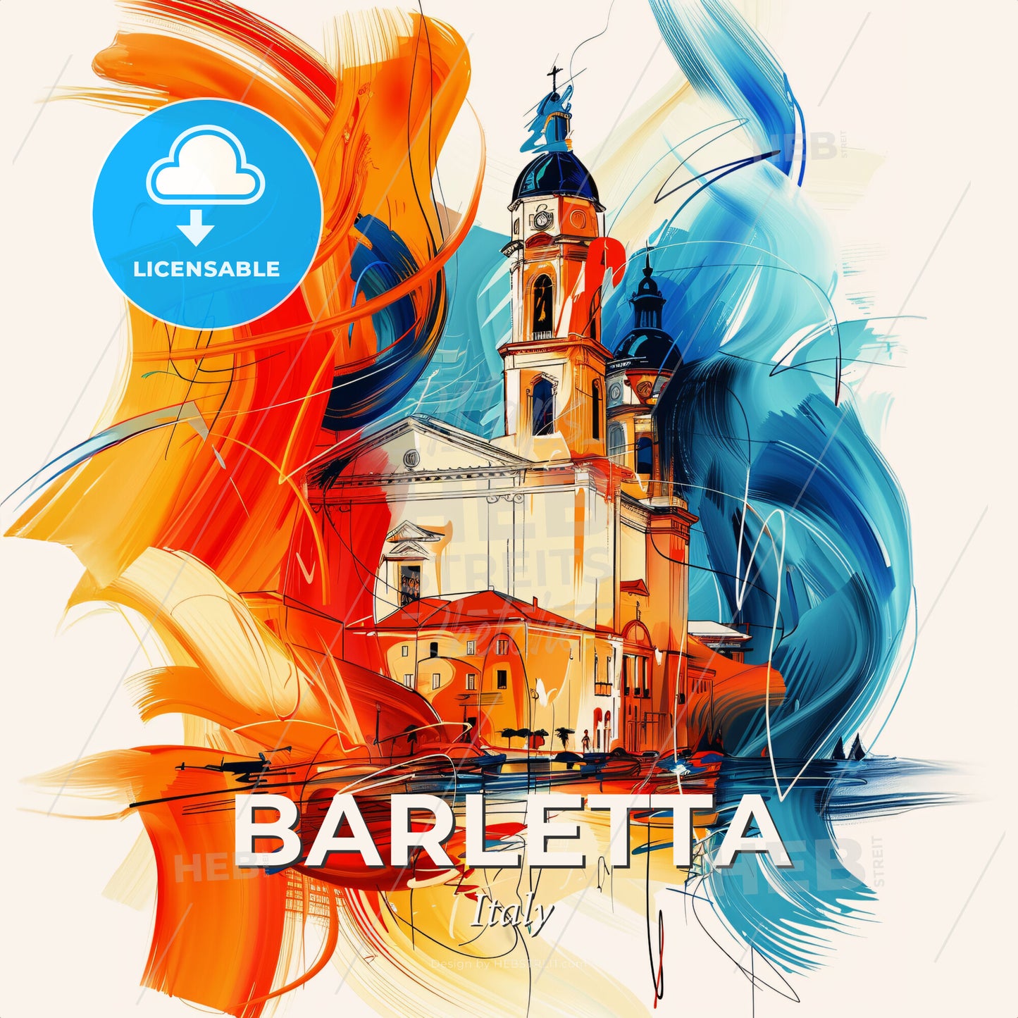 Vibrant Barletta, Italy - A Painting Of A Building With A Tower And A Colorful Background - Square format print template