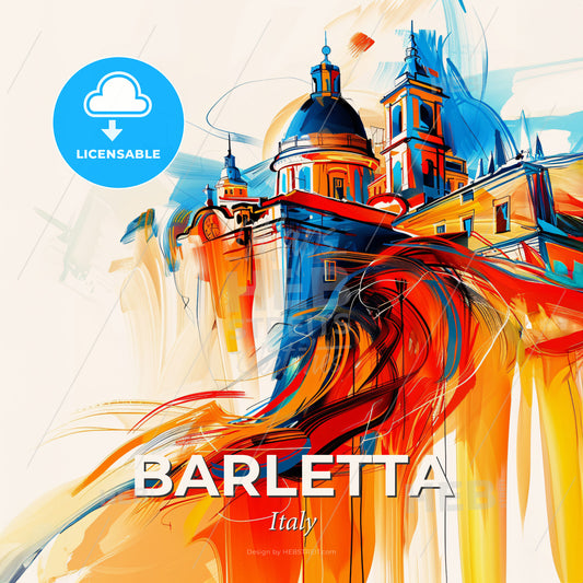Vibrant Barletta, Italy - A Painting Of A Building With A Dome And A Blue And Orange Sky - Square format print template