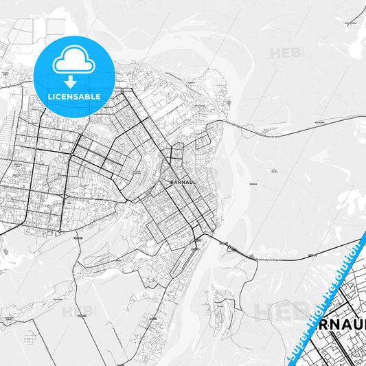 Barnaul, Russia light map with streetnames, citynames and districts