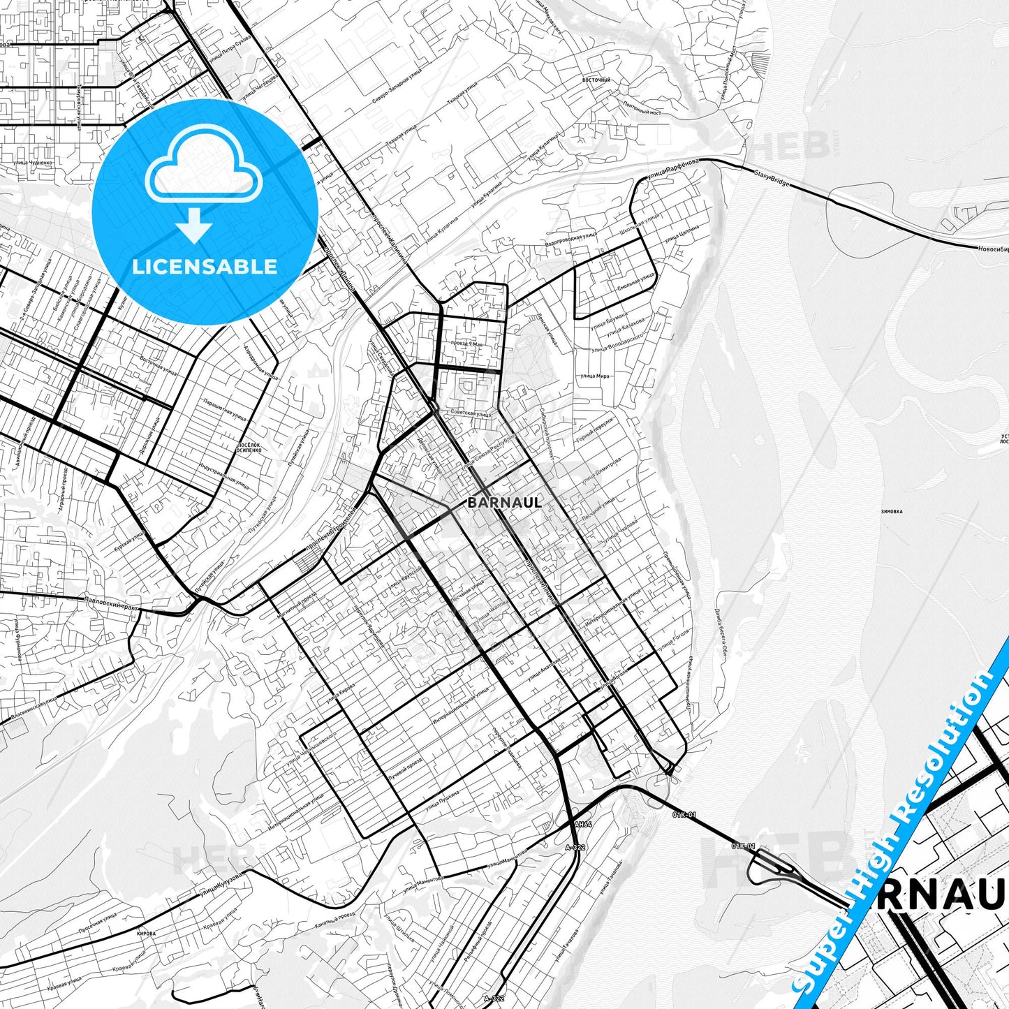 Barnaul, Russia Light Map with Street Names, City Names, and Districts