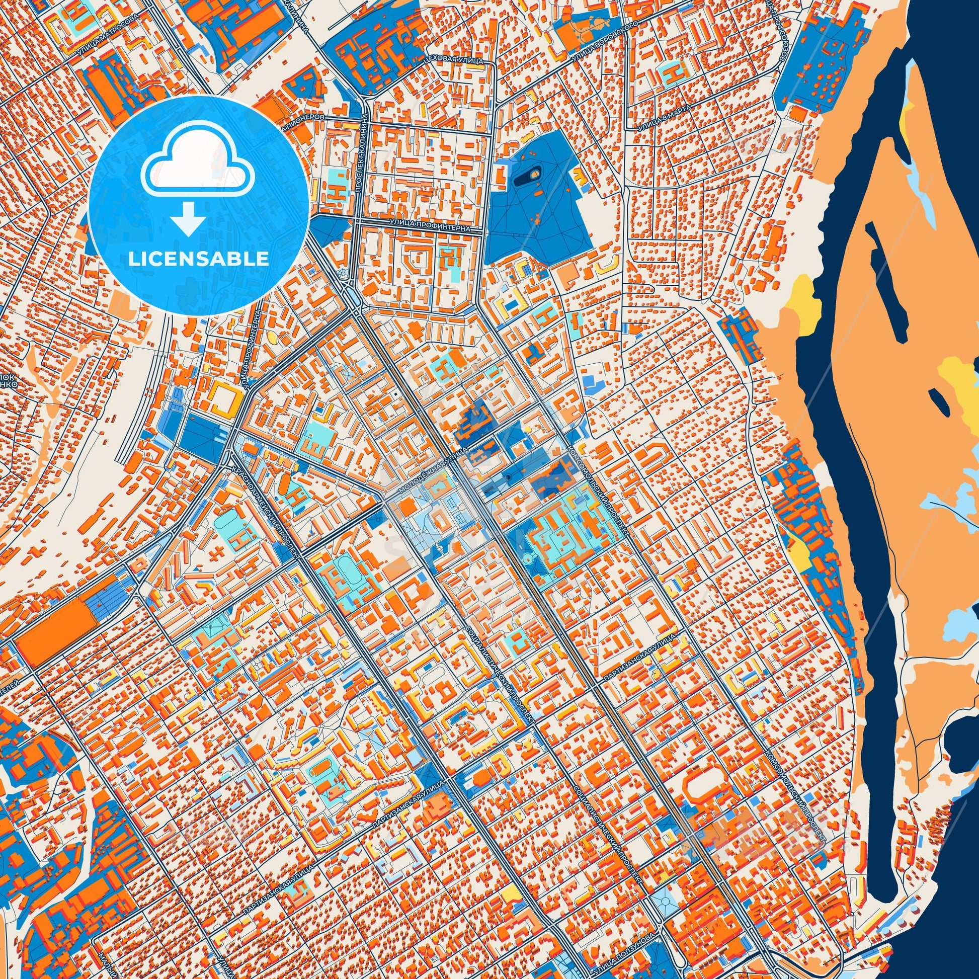 Colorful Barnaul Street Map with Labels and Buildings