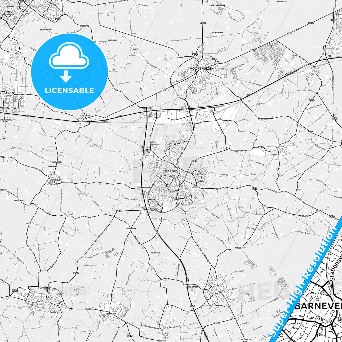 Barneveld, Netherlands light map with streetnames, citynames and districts
