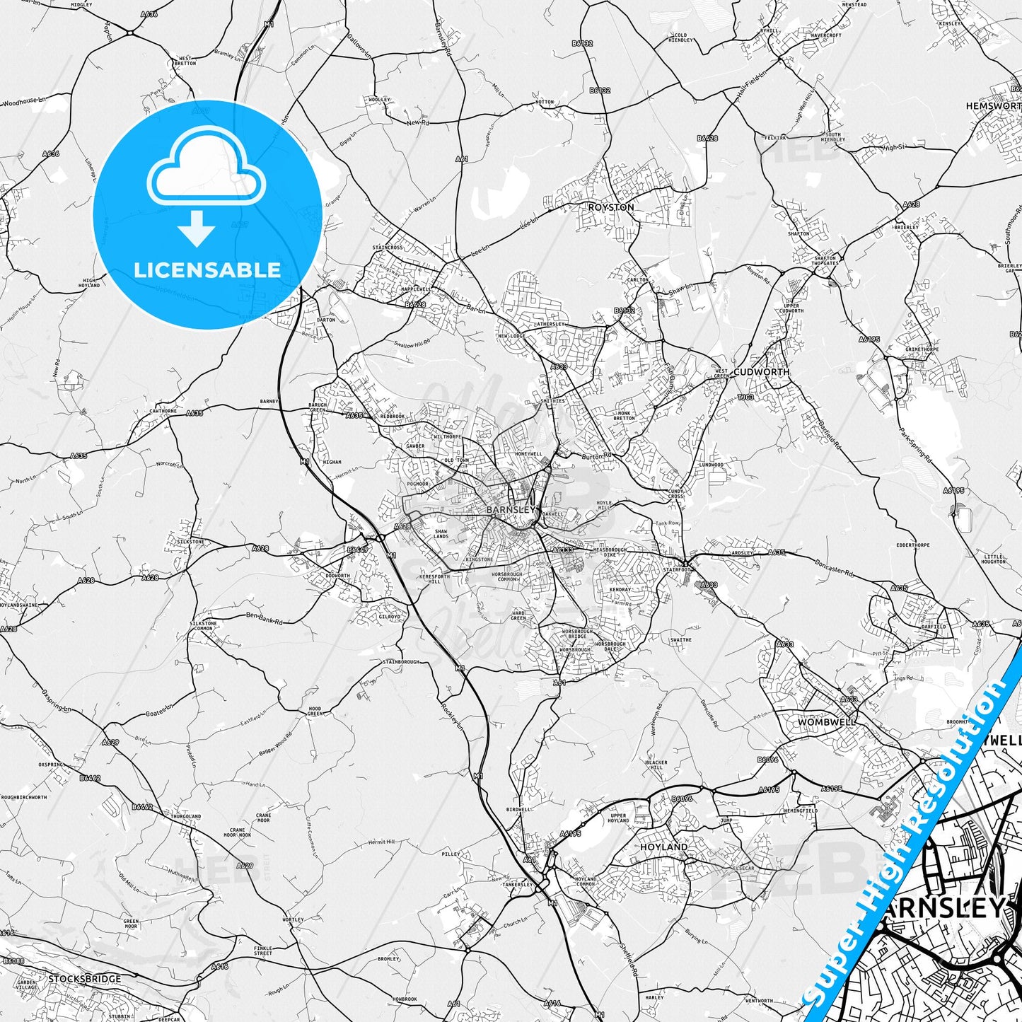 Barnsley, England light map with streetnames, citynames and districts