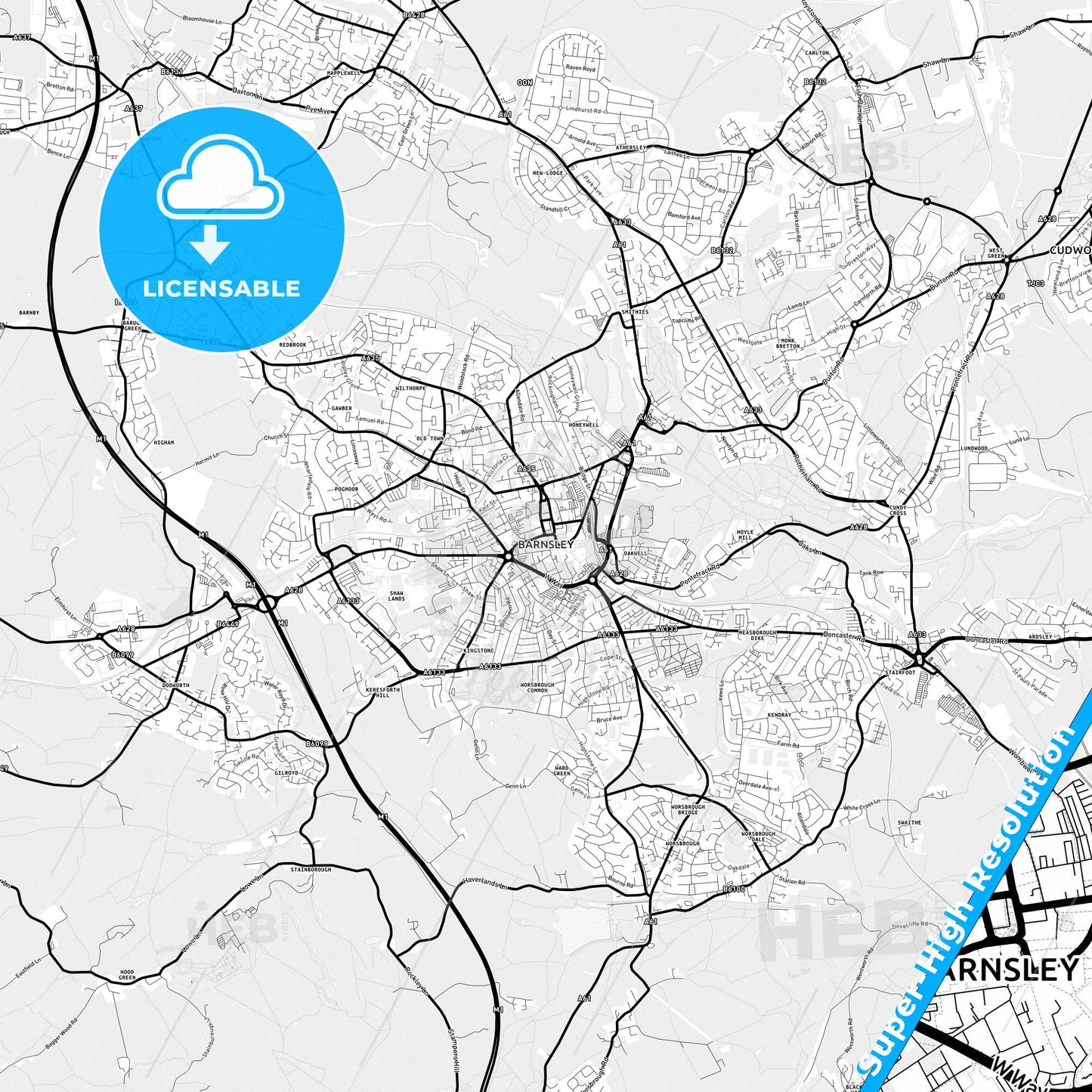 Barnsley, England Light Map with Street Names, City Names, and Districts