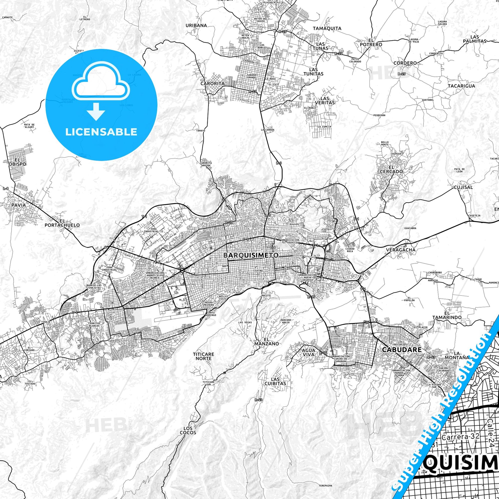 Barquisimeto, Venezuela light map with streetnames, citynames and districts