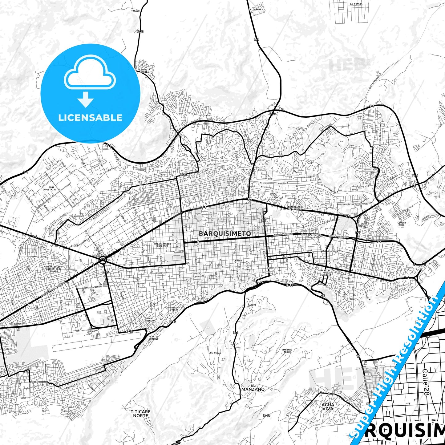 Barquisimeto, Venezuela Light Map with Street Names, City Names, and Districts