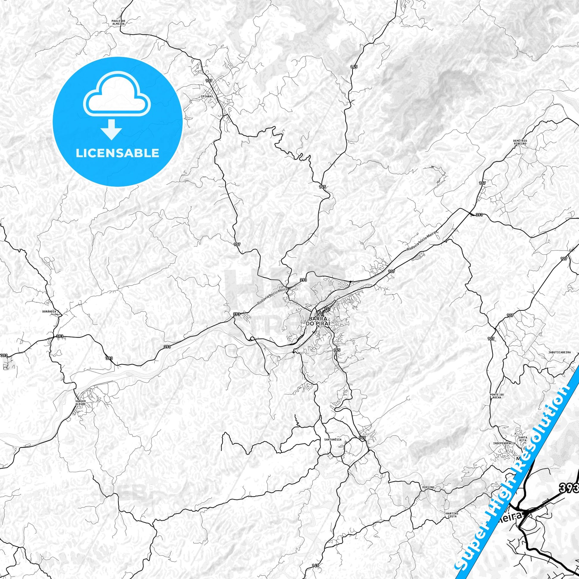 Barra do Pirai, Brazil light map with streetnames, citynames and districts