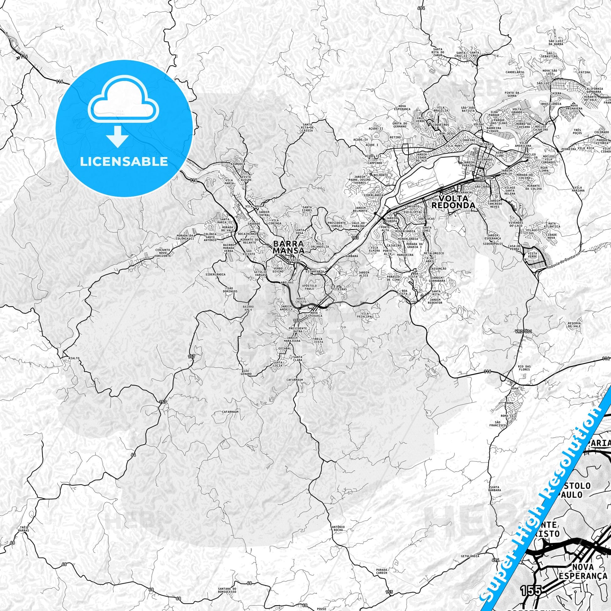 Barra Mansa, Brazil light map with streetnames, citynames and districts