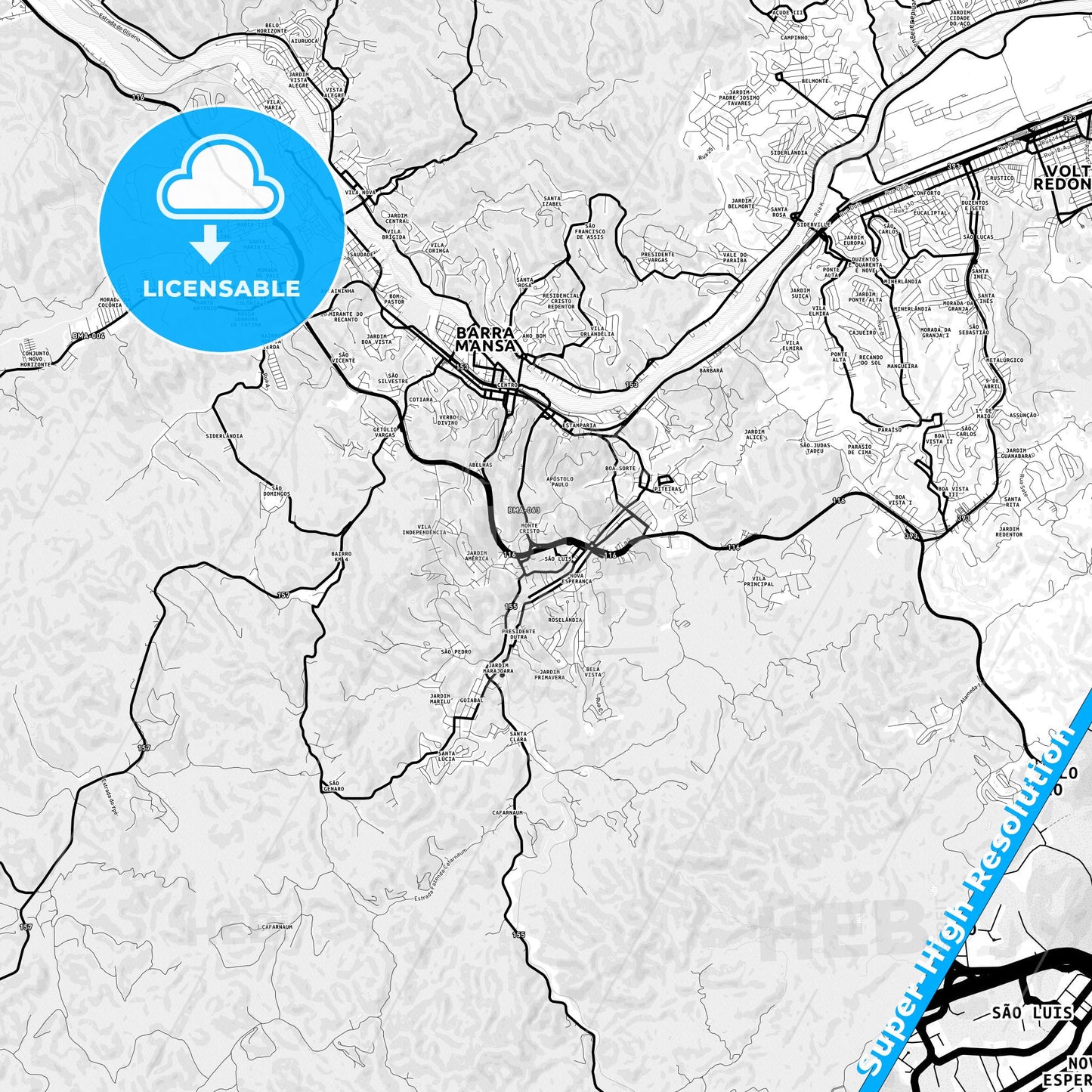 Barra Mansa, Brazil Light Map with Street Names, City Names, and Districts