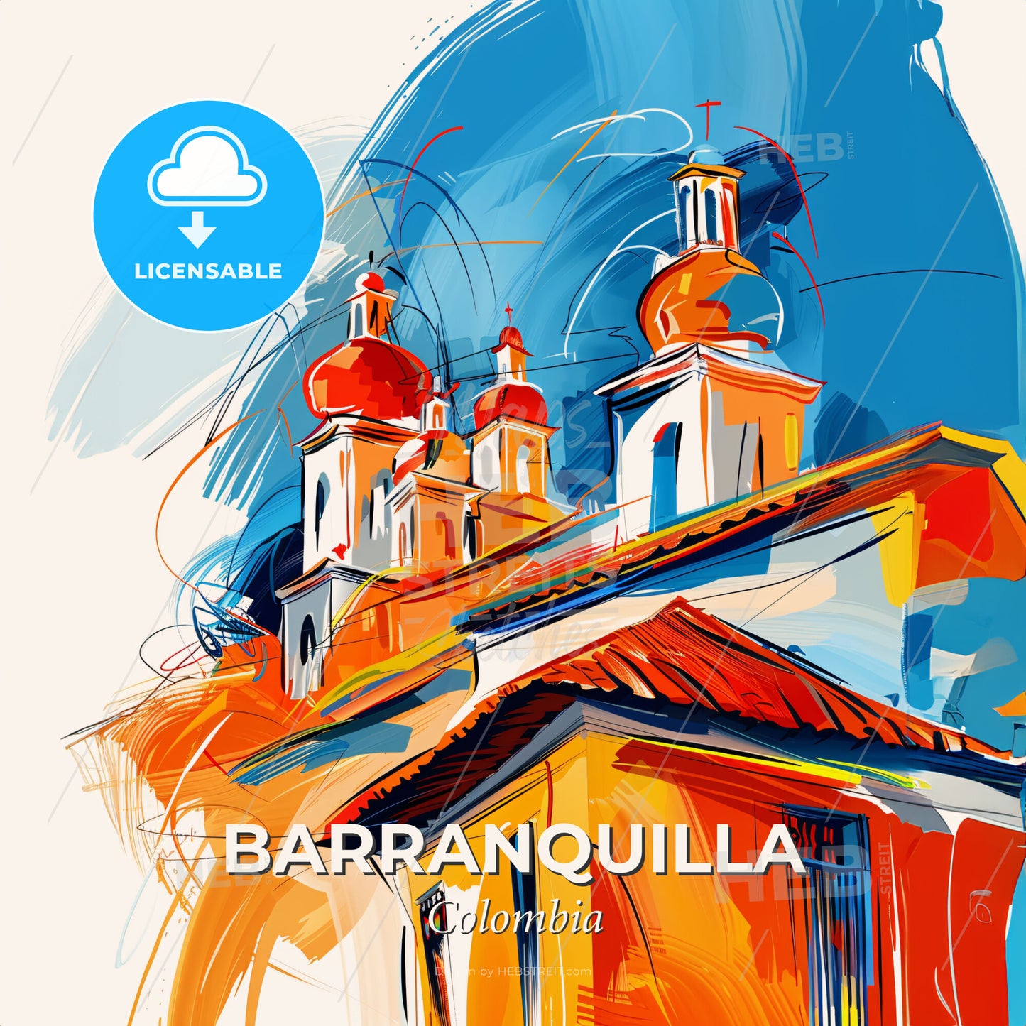 Vibrant Barranquilla, Colombia - A Painting Of A Building With A Red Roof - Square format print template