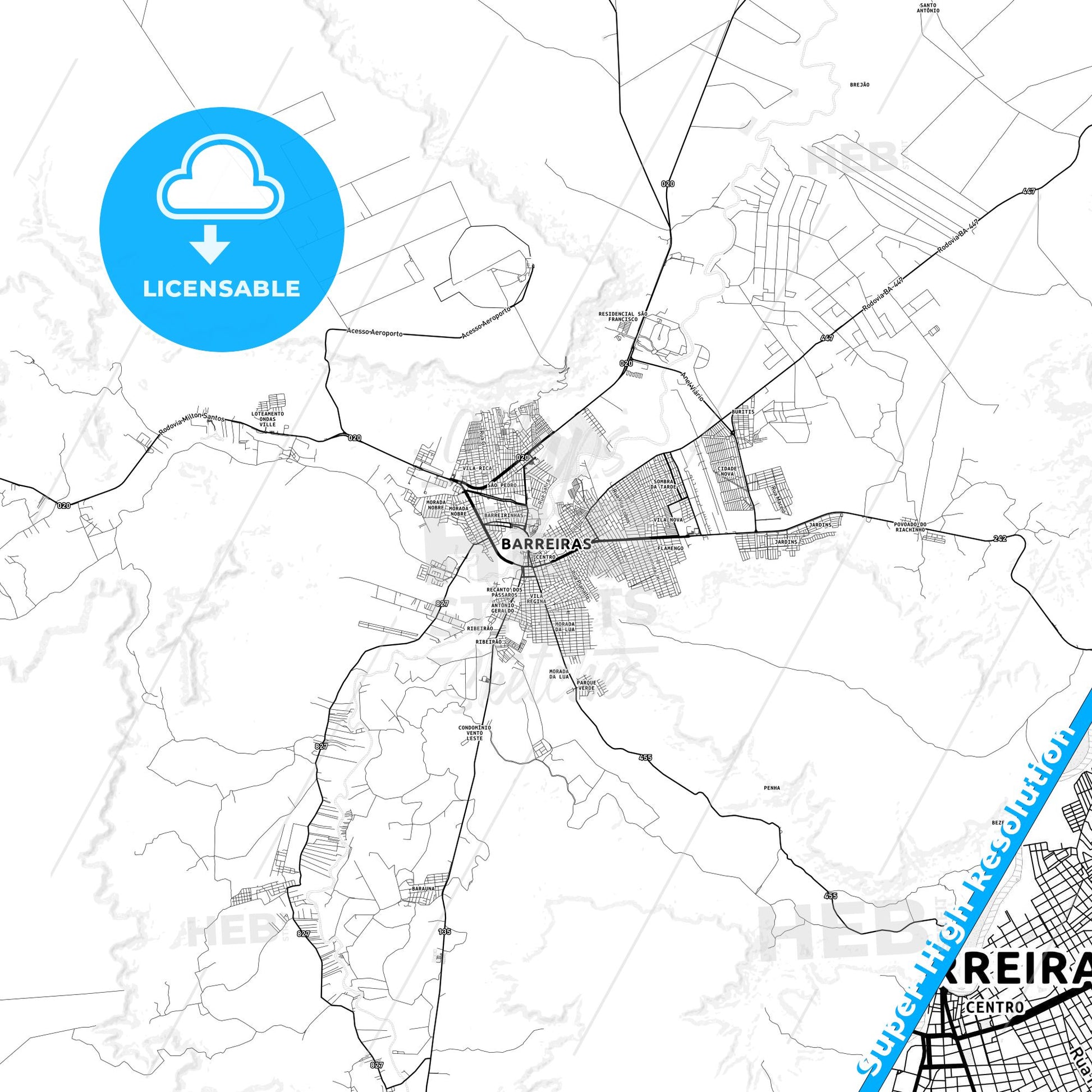 Barreiras, Brazil light map with streetnames, citynames and districts