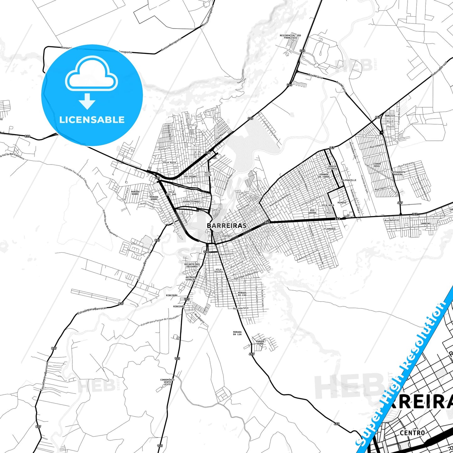 Barreiras, Brazil Light Map with Street Names, City Names, and Districts