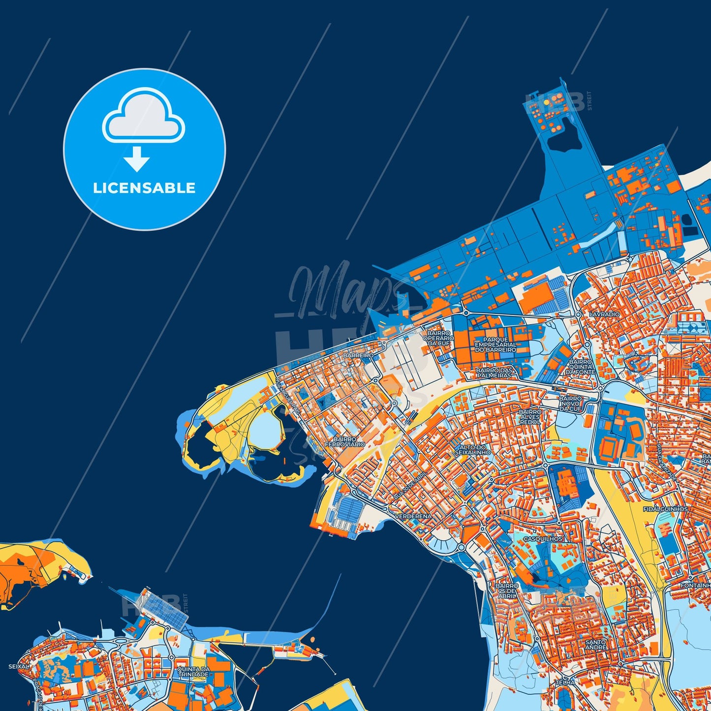 Colorful Barreiro Street Map with Labels and Buildings