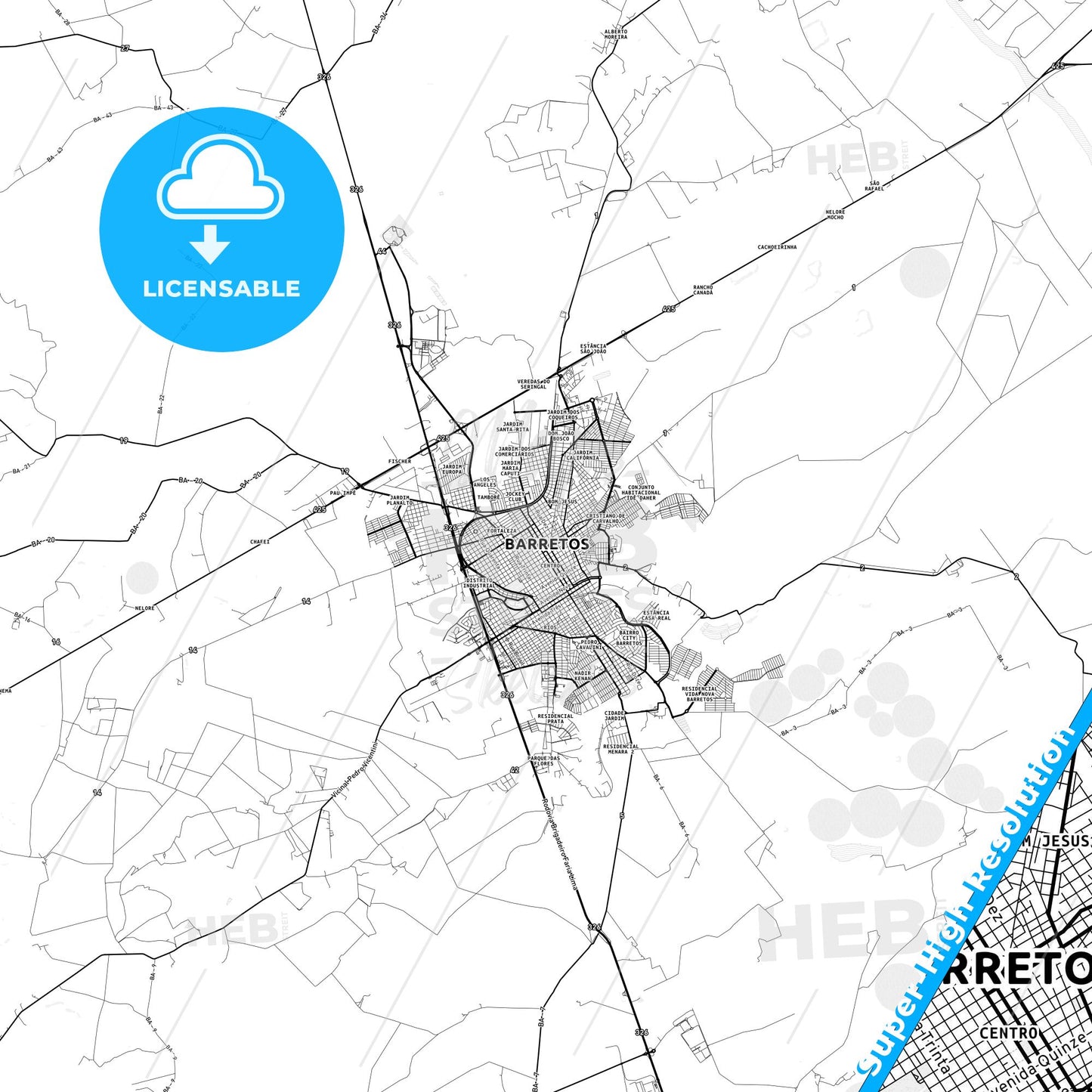 Barretos, Brazil light map with streetnames, citynames and districts