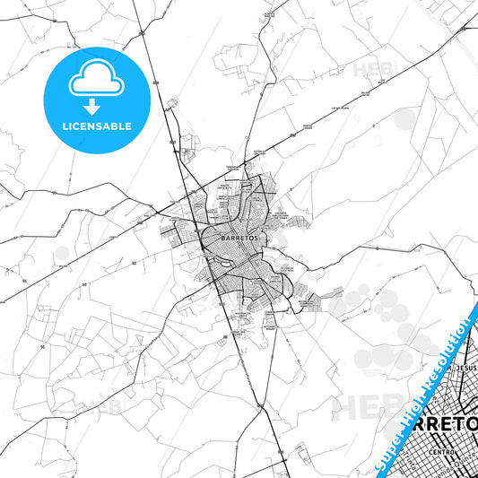 Barretos, Brazil light map with streetnames, citynames and districts
