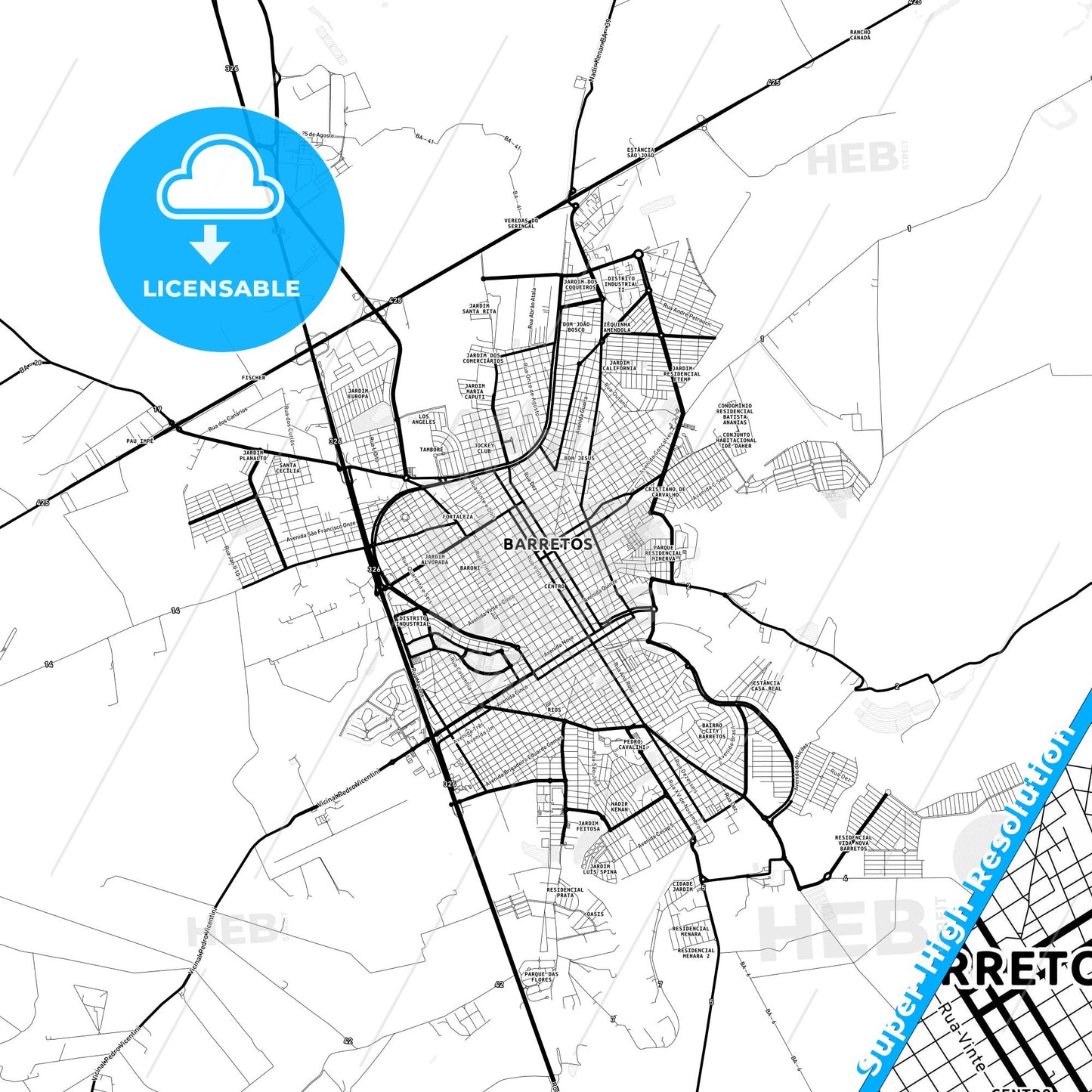 Barretos, Brazil Light Map with Street Names, City Names, and Districts