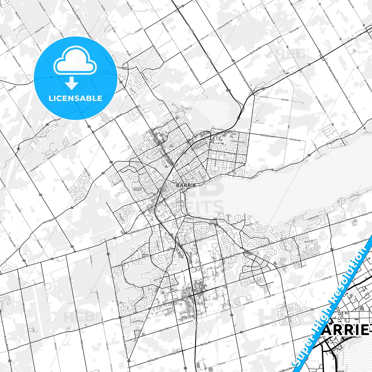Barrie, Canada light map with streetnames, citynames and districts