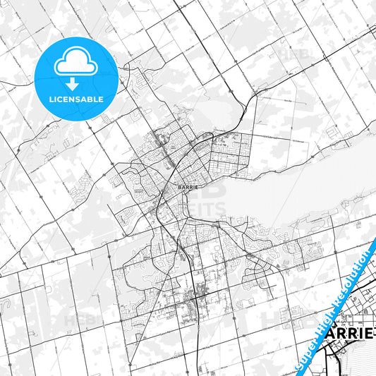 Barrie, Canada light map with streetnames, citynames and districts