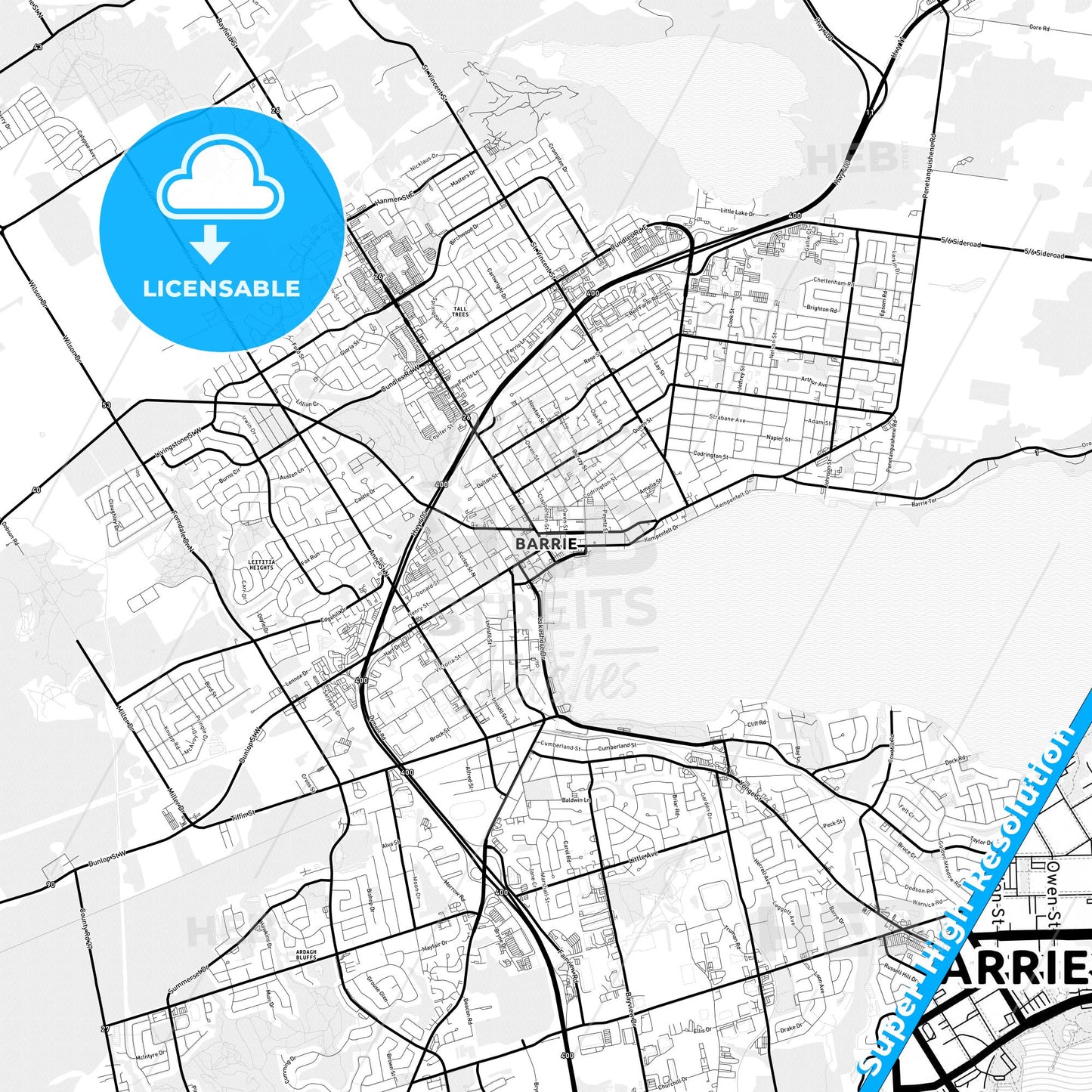 Barrie, Canada Light Map with Street Names, City Names, and Districts