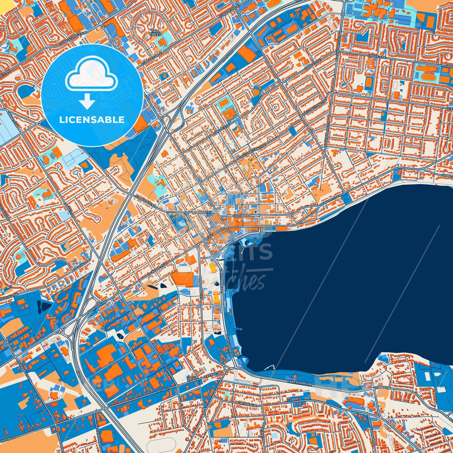 Colorful Barrie Street Map with Labels and Buildings